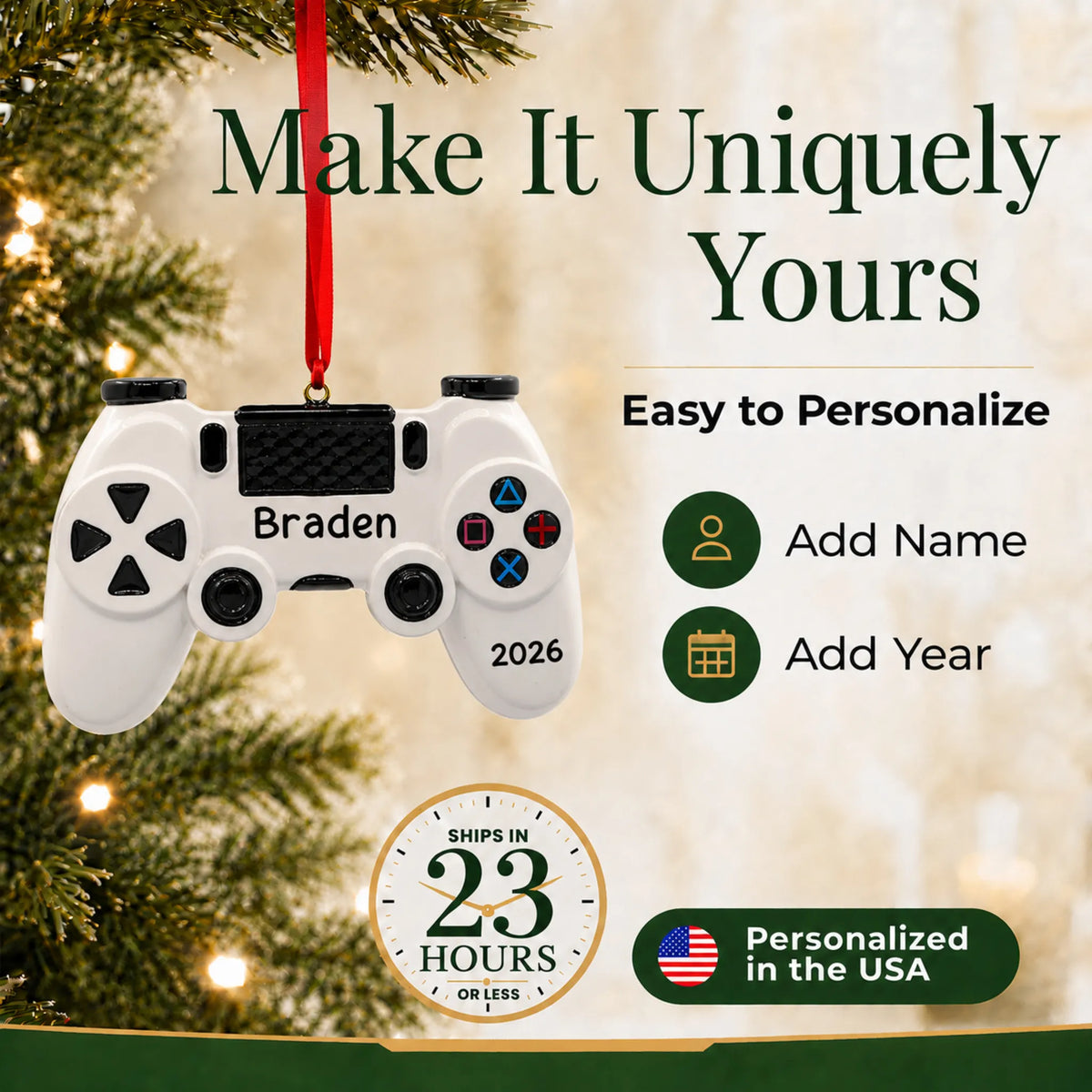 Make it yours: add name and year to the personalized gaming controller christmas ornament