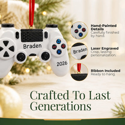 Hand-painted details and laser engraved personalization on the gaming controller christmas ornament, ribbon included