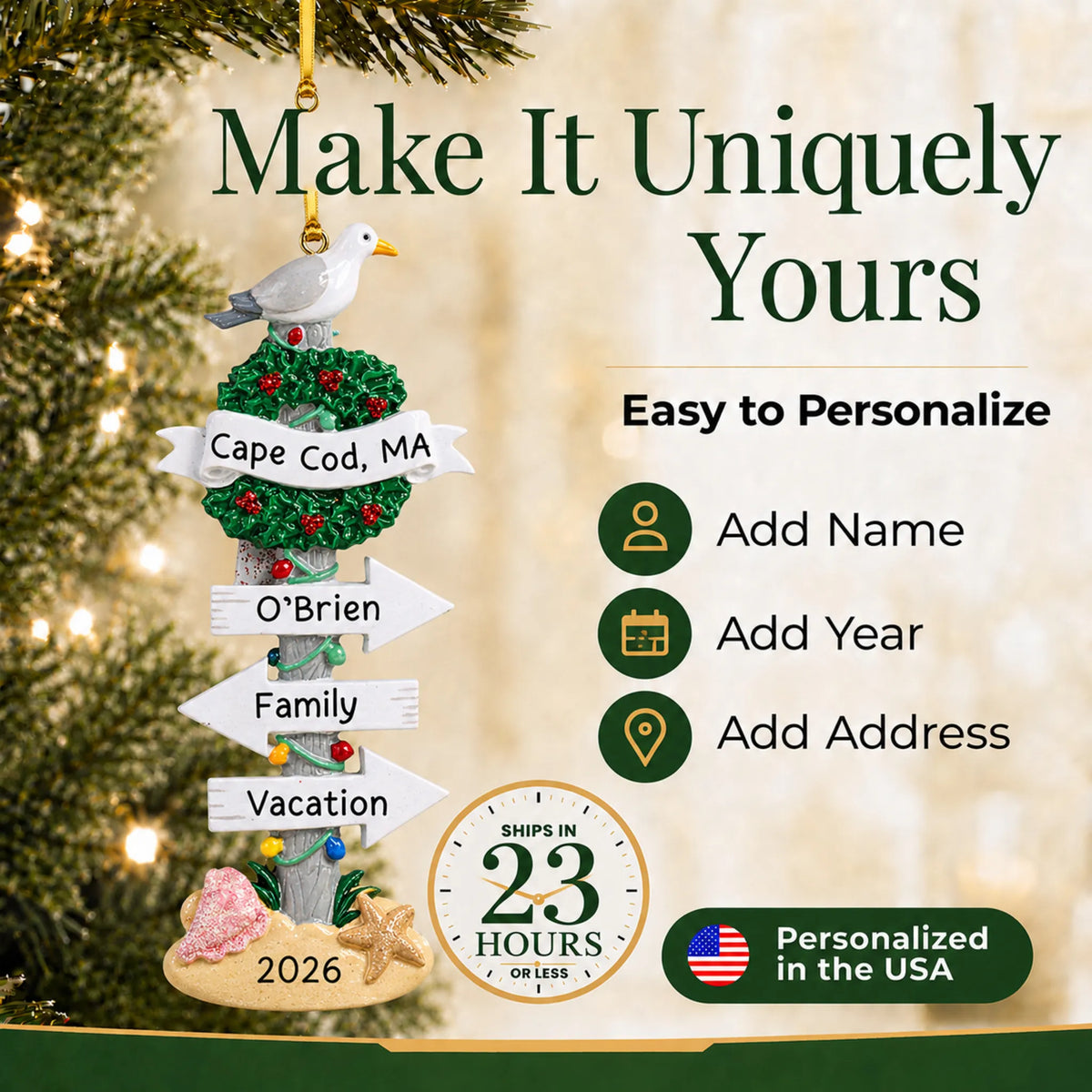 Make it yours: add name, year and location to the personalized beach signs christmas ornament