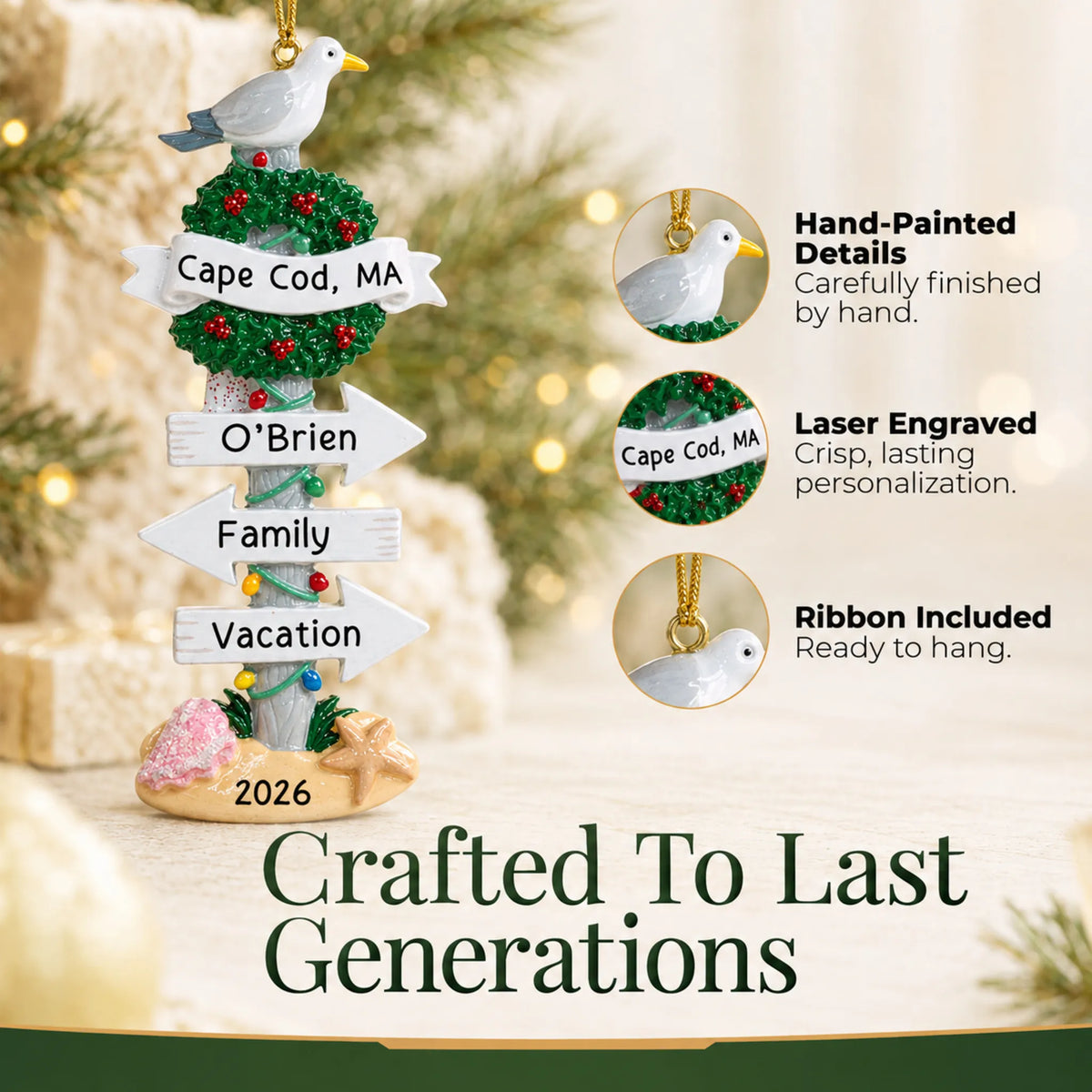 Hand-painted details and laser engraved personalization on the beach signs christmas ornament, ribbon included