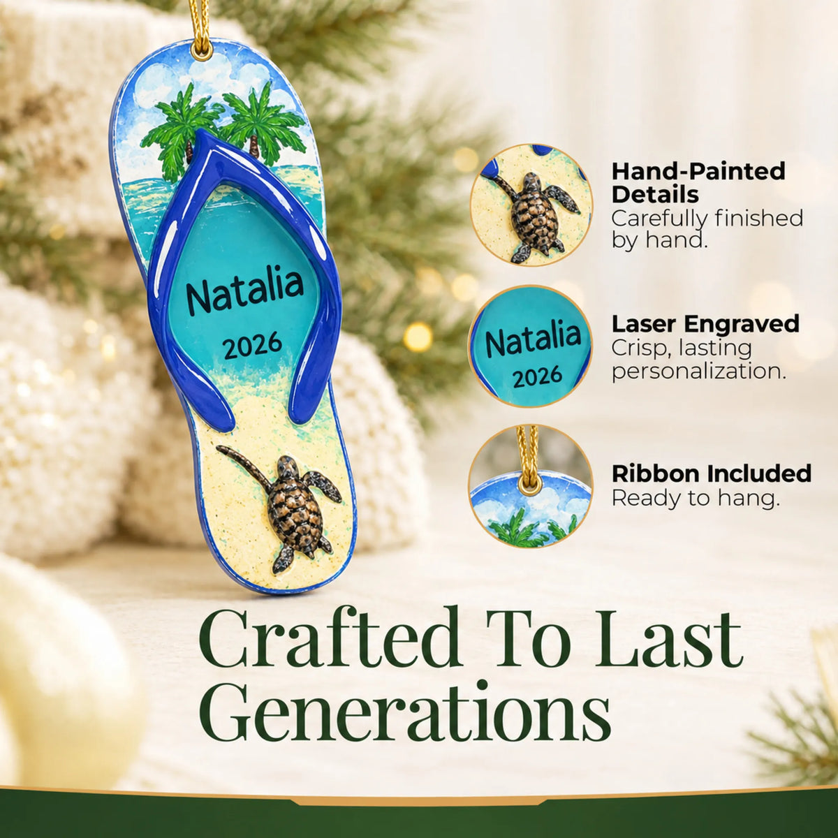 Hand-painted details and laser engraved personalization on the turtle island flip flop christmas ornament, ribbon included