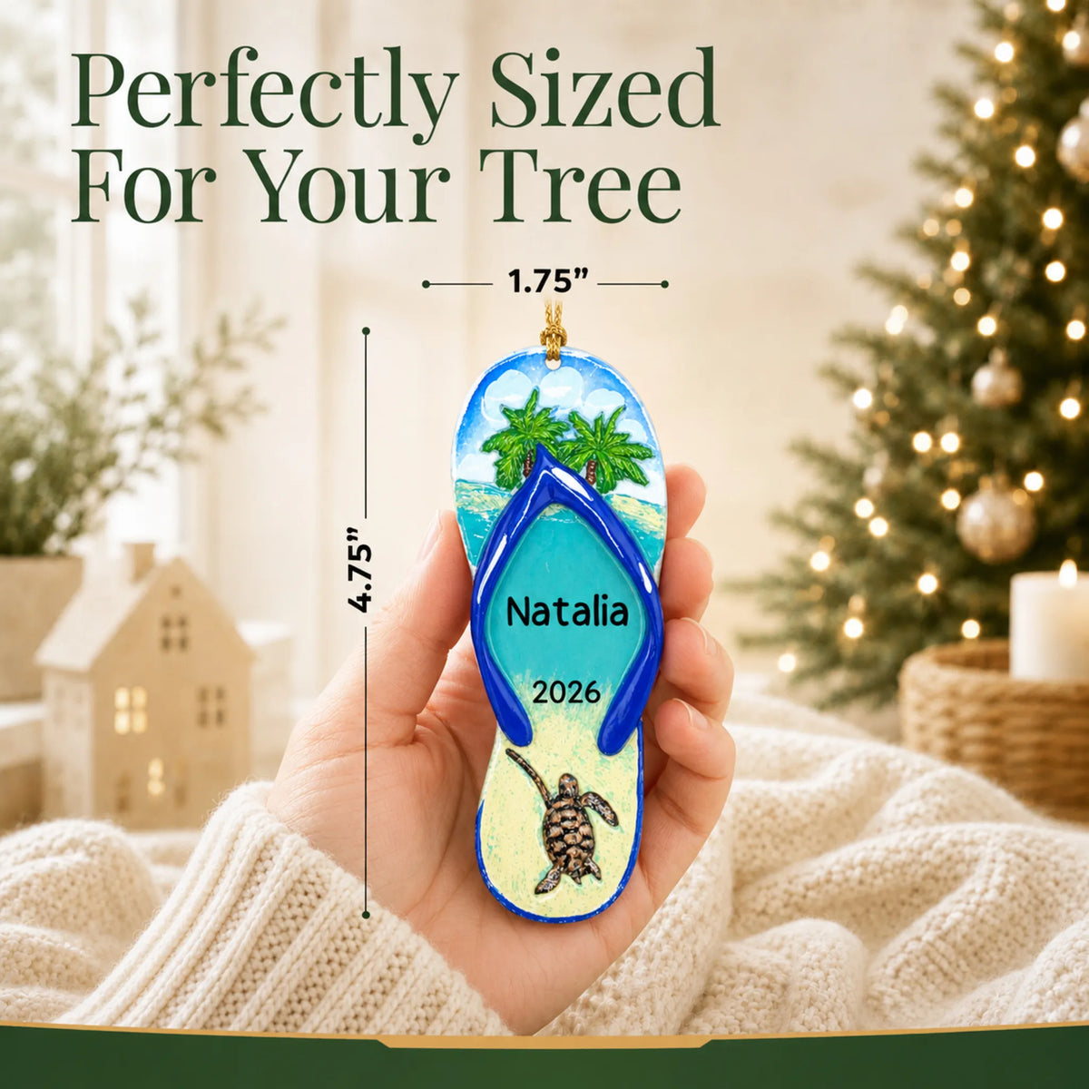 Size guide: the personalized turtle island flip flop christmas ornament is 1.75 in wide by 4.75 in tall, shown in hand