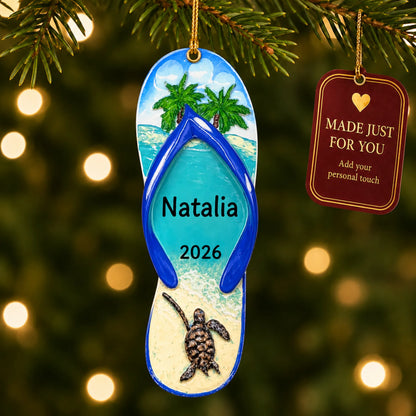 Turtle island flip flop christmas ornament hanging on a lit Christmas tree with a Made Just For You gift tag