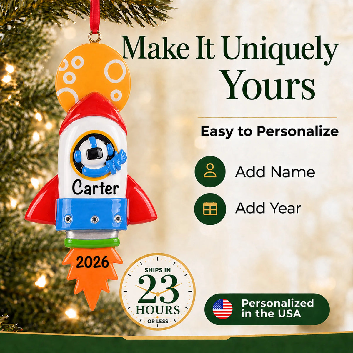 Make it yours: add name and year to the personalized space rocket christmas ornament