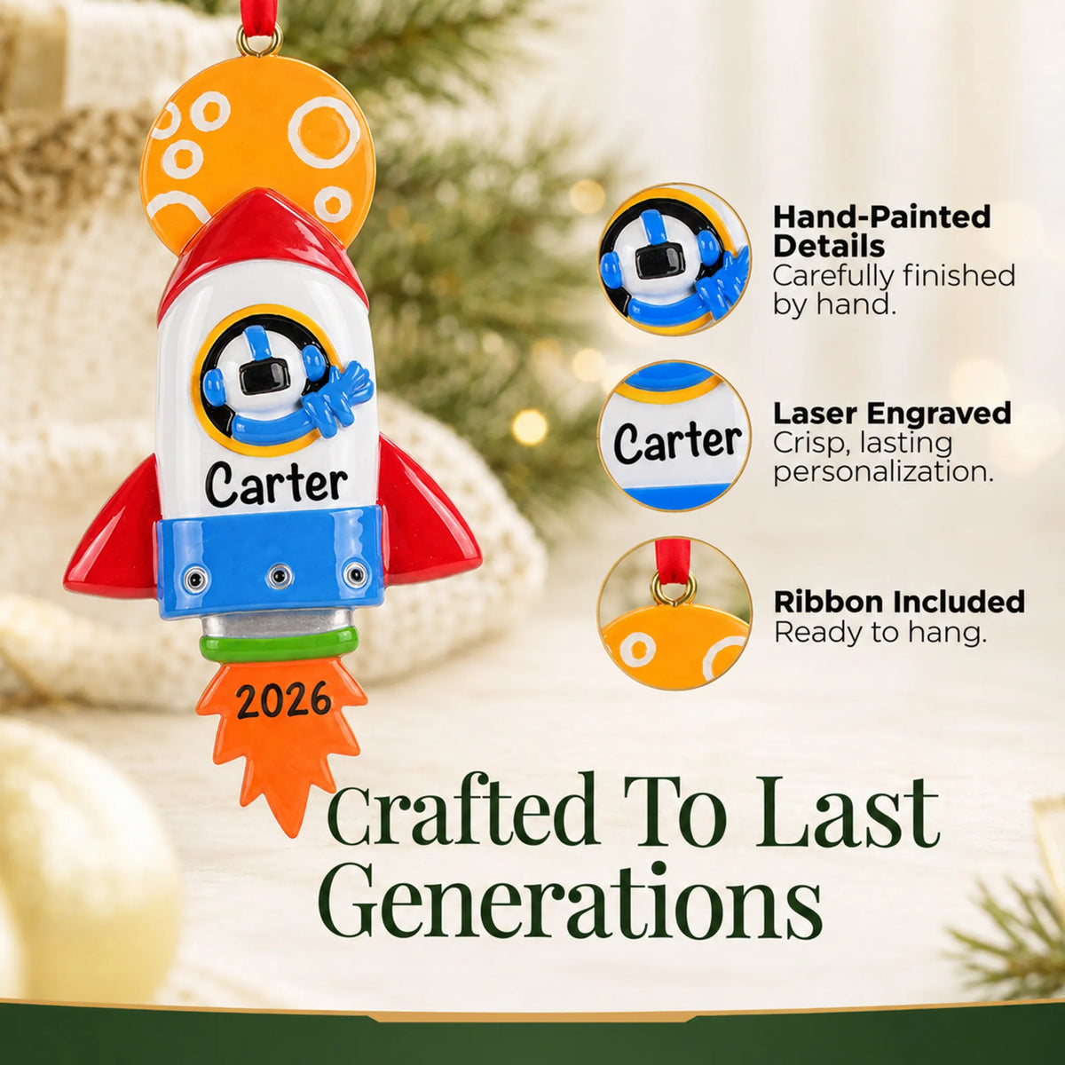 Hand-painted details and laser engraved personalization on the space rocket christmas ornament, ribbon included