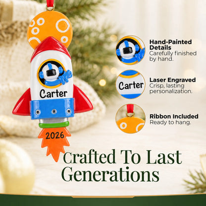 Hand-painted details and laser engraved personalization on the space rocket christmas ornament, ribbon included
