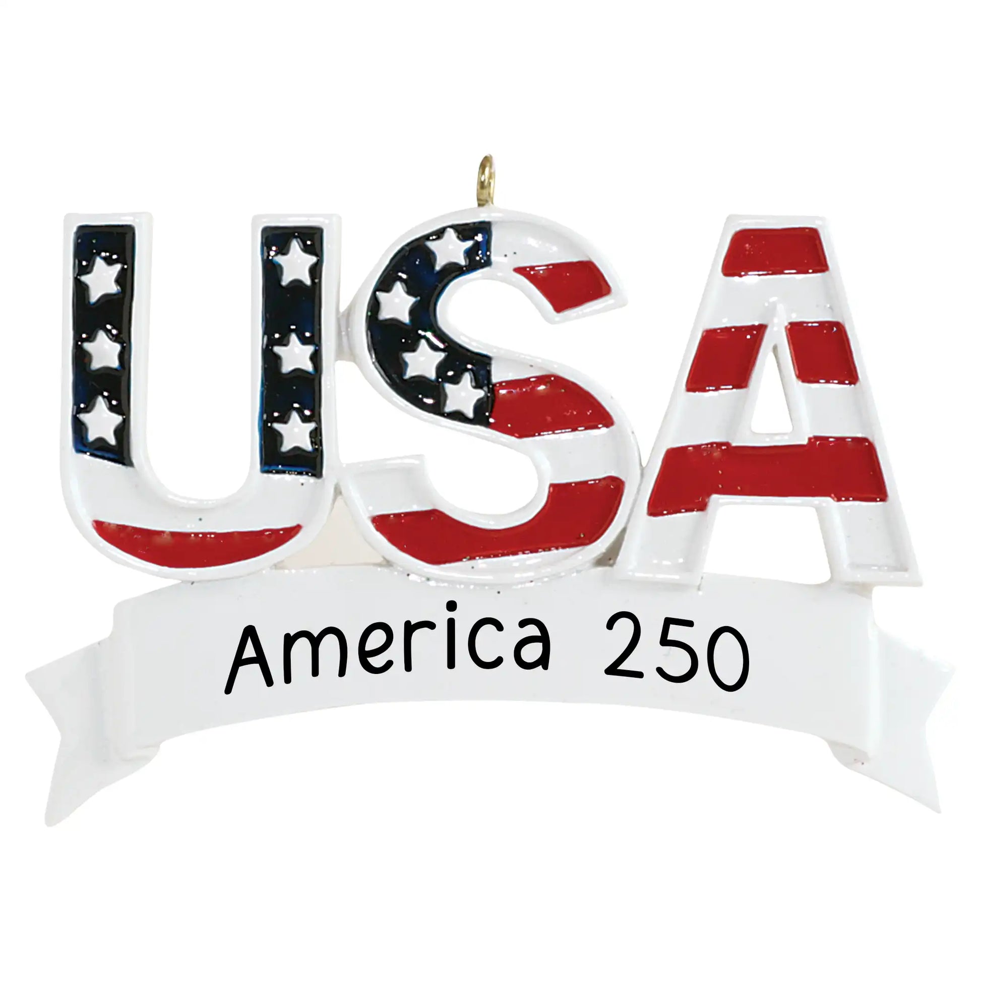 Personalized USA patriotic Christmas ornament with red, white, and blue stars and stripes design and customizable banner.