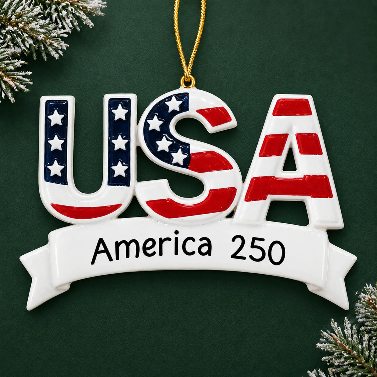 Personalized America 250th Anniversary Patriotic christmas ornament on a dark green pine background