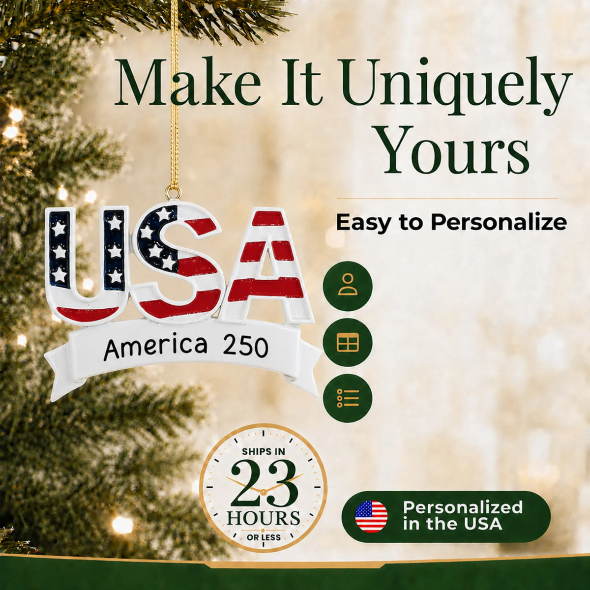 Make it yours: personalize the America 250th Anniversary Patriotic christmas ornament