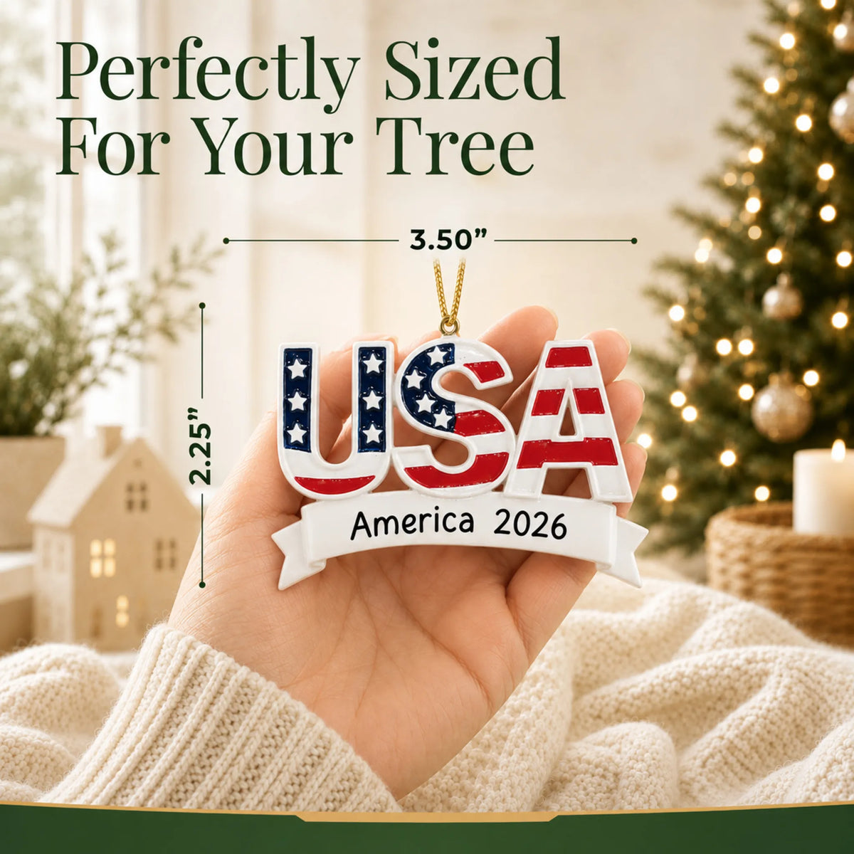 Size guide: the personalized America 250th Anniversary Patriotic christmas ornament shown in hand next to a Christmas tree