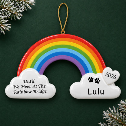 Personalized Pet Rainbow Bridge Memorial christmas ornament on a dark green pine background