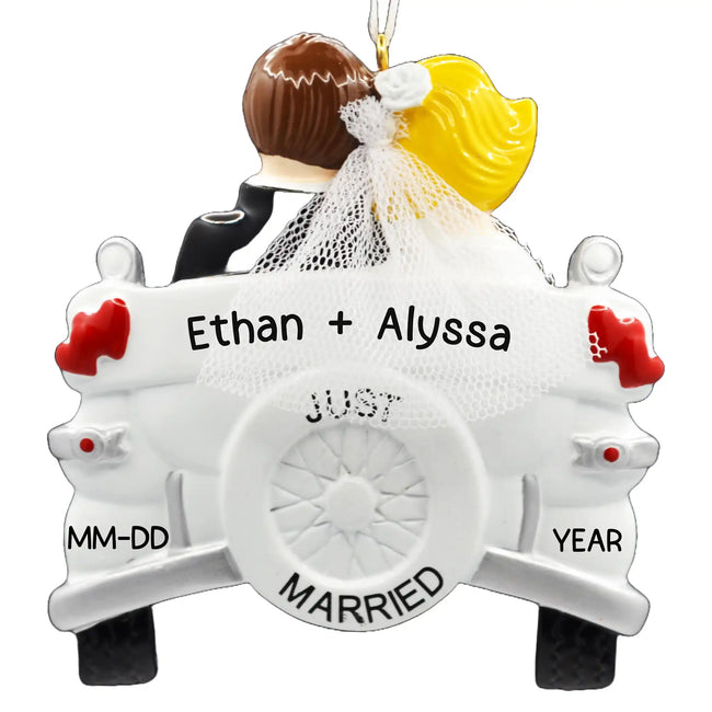 Just Married Wedding Car Personalized Ornament blonde couple keepsake for first Christmas together