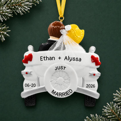 Personalized blonde Just Married wedding car Christmas ornament with a blonde bride and groom, names and date