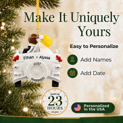 How to personalize the blonde Just Married wedding car Christmas ornament: add names and date, ships in 23 hours
