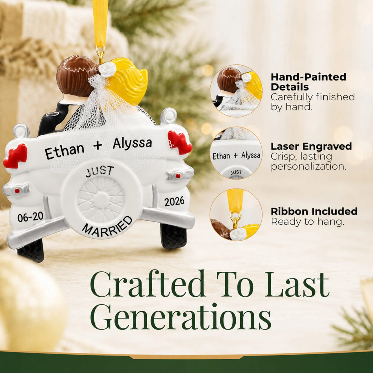 Close-up of the personalized blonde Just Married wedding car Christmas ornament: hand-painted detail, laser engraving