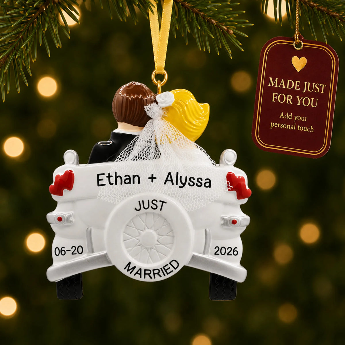 Personalized blonde Just Married wedding car Christmas ornament on a lit Christmas tree with a Made Just For You tag