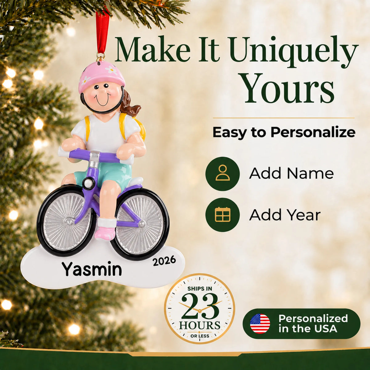 Make it yours: add name and year to the personalized brunette girl bike christmas ornament