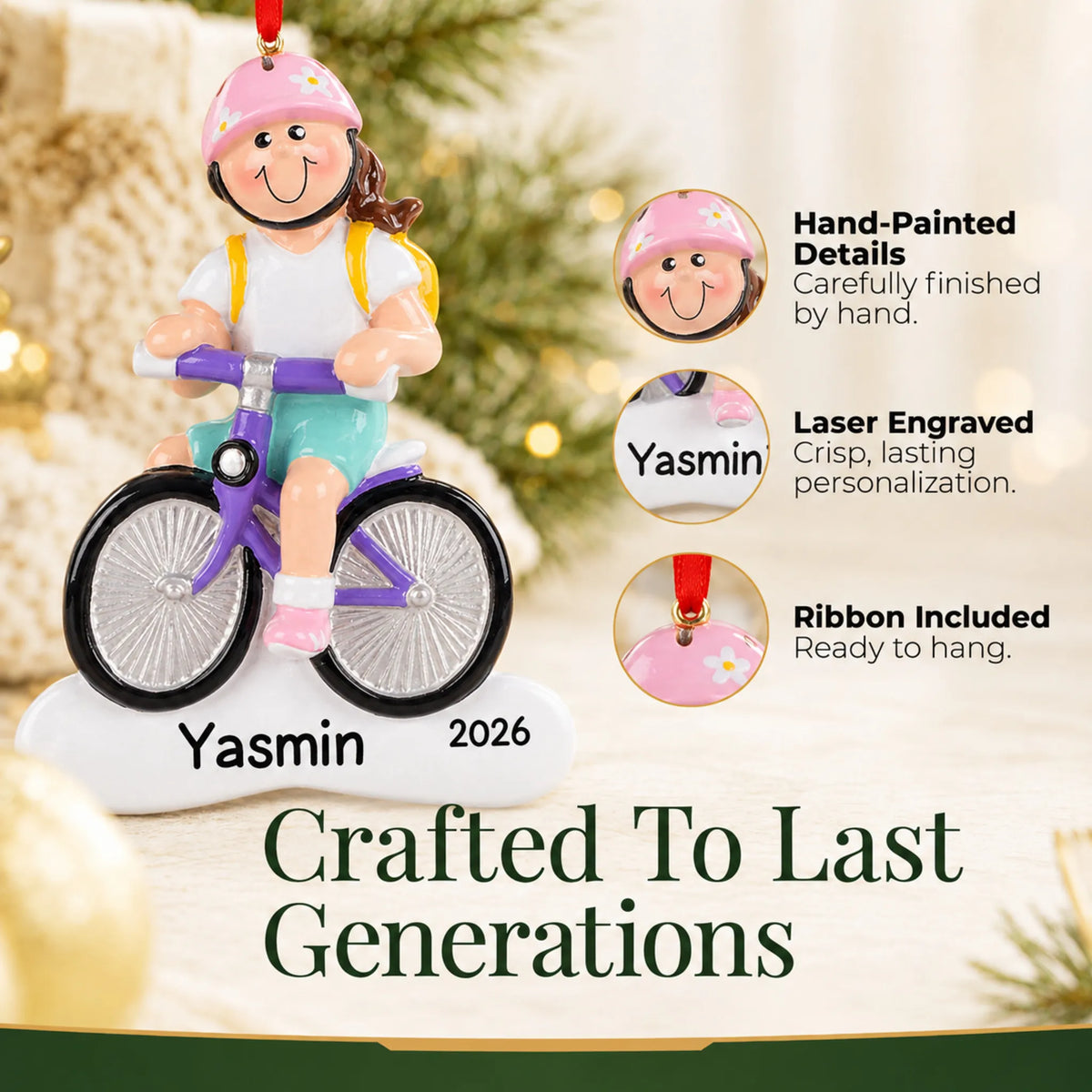 Hand-painted details and laser engraved personalization on the brunette girl bike christmas ornament, ribbon included