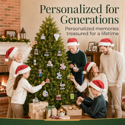 Family hanging personalized ornaments like the brunette girl bike christmas ornament on their Christmas tree