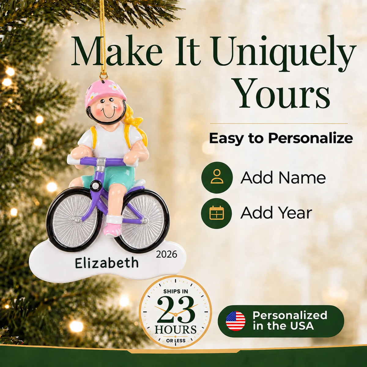 Make it yours: add name and year to the personalized blonde girl bike christmas ornament