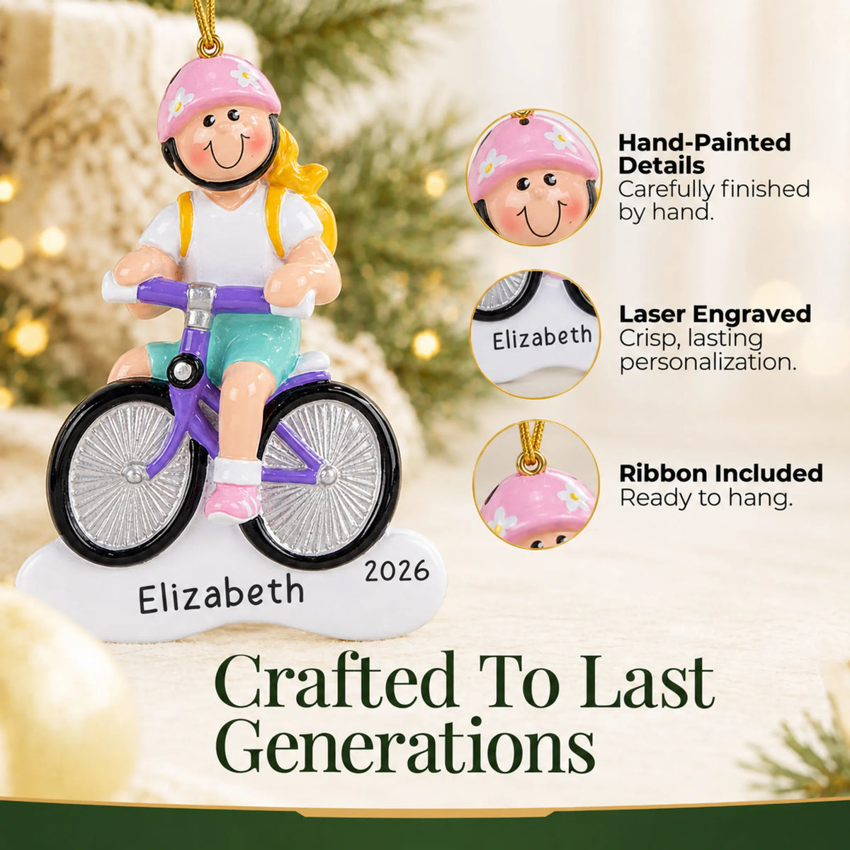 Hand-painted details and laser engraved personalization on the blonde girl bike christmas ornament, ribbon included