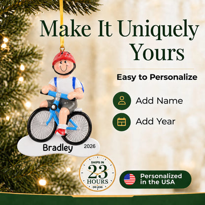 Make it yours: add name and year to the personalized boy riding a bike christmas ornament