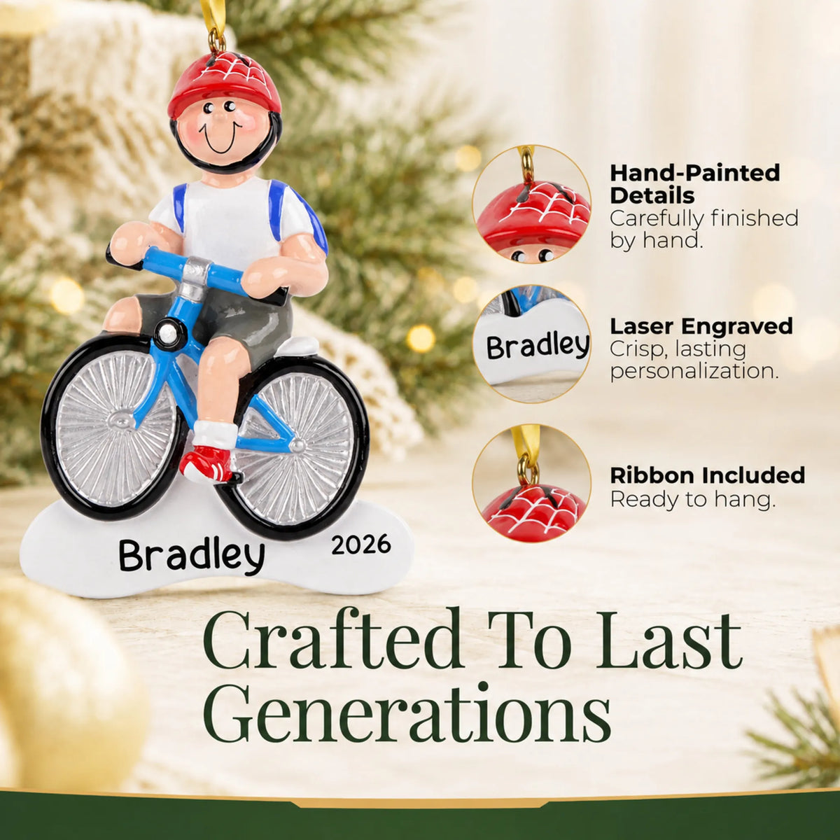 Hand-painted details and laser engraved personalization on the boy riding a bike christmas ornament, ribbon included