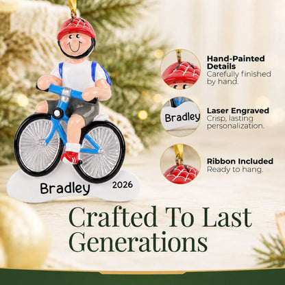 Hand-painted details and laser engraved personalization on the boy riding a bike christmas ornament, ribbon included