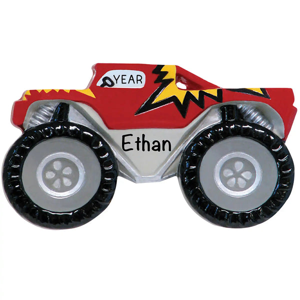 Personalized red monster truck Christmas ornament with oversized gray wheels, black treaded tires, and yellow lightning bolts, customizable with name and year