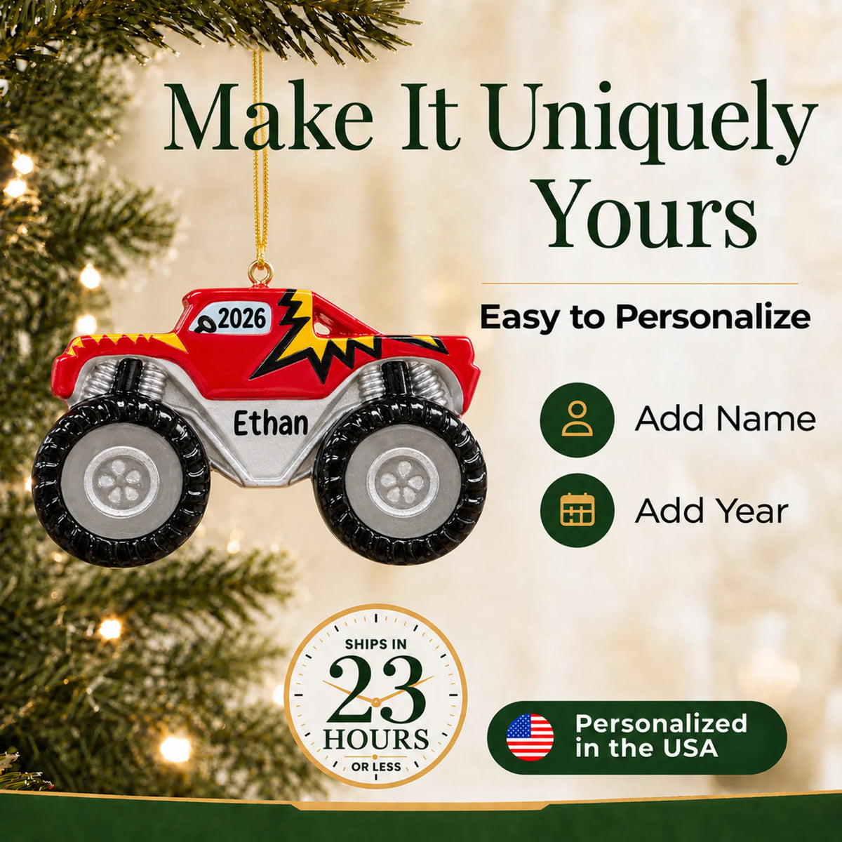 Make it yours: add name and year to the personalized monster truck big wheels christmas ornament