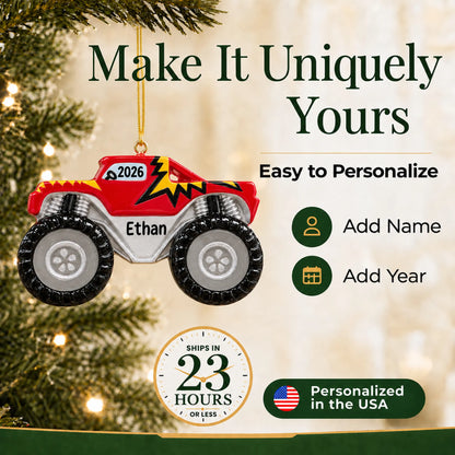 Make it yours: add name and year to the personalized monster truck big wheels christmas ornament