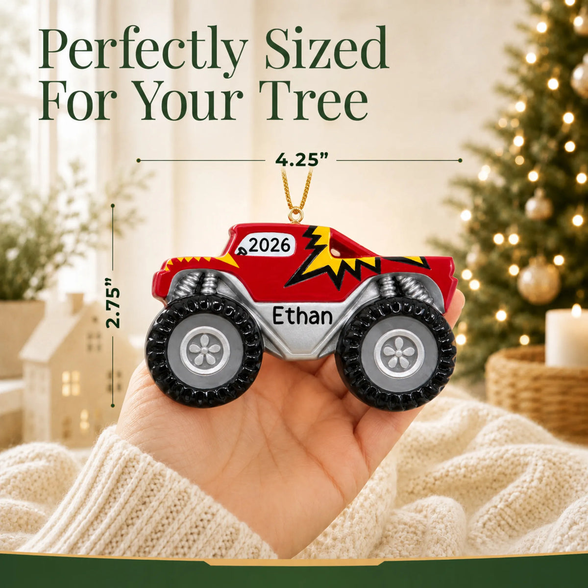 Size guide: the personalized monster truck big wheels christmas ornament shown in hand next to a Christmas tree