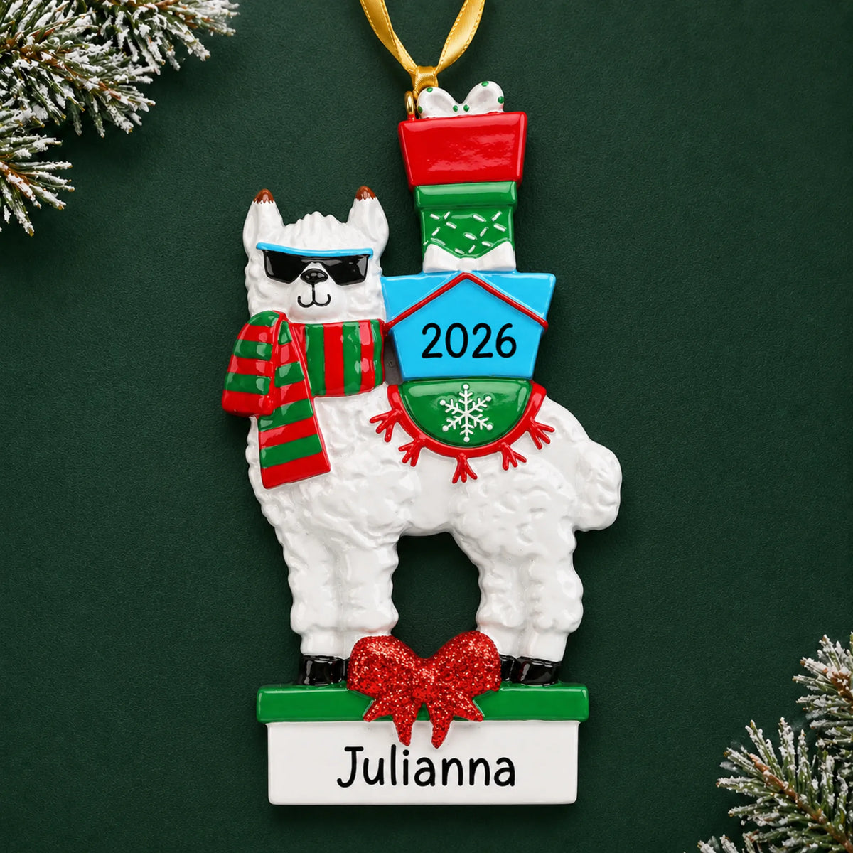 Personalized llama christmas ornament on a dark green pine background