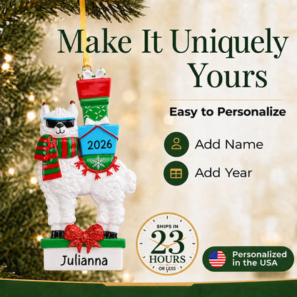 Make it yours: add a name and year to the personalized llama christmas ornament