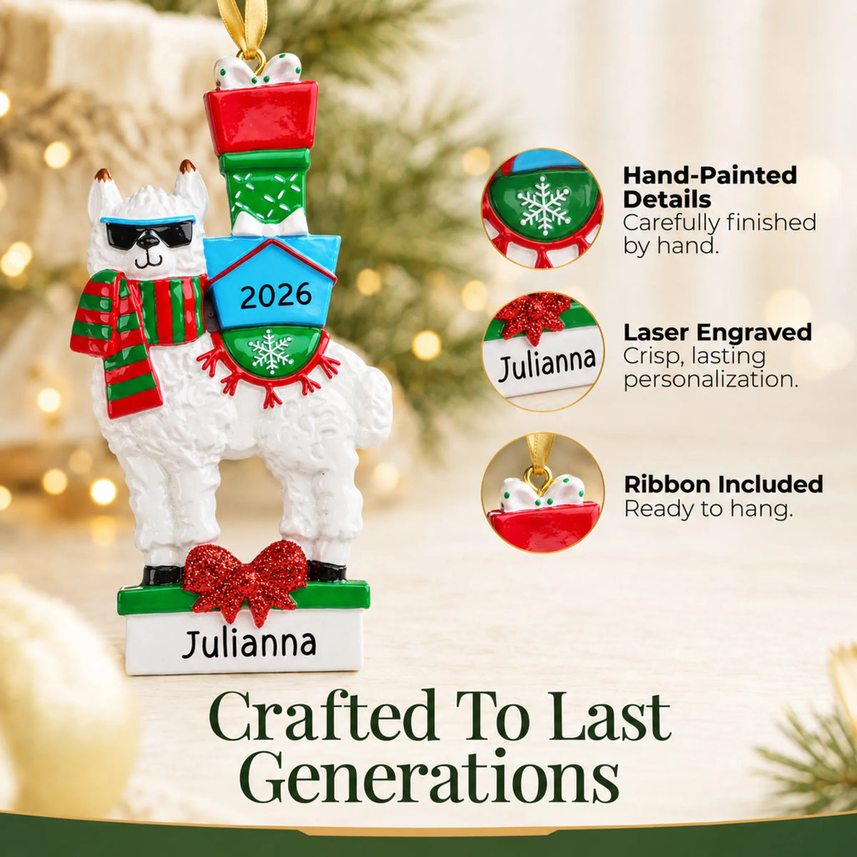 Hand-painted details and laser engraved personalization on the llama christmas ornament, ribbon included