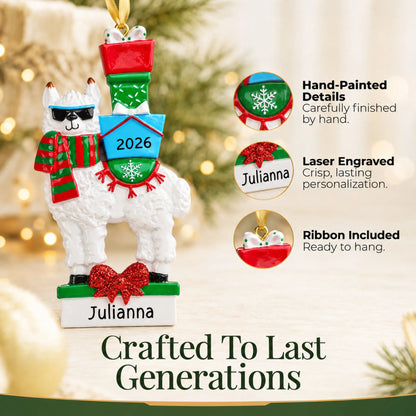 Hand-painted details and laser engraved personalization on the llama christmas ornament, ribbon included