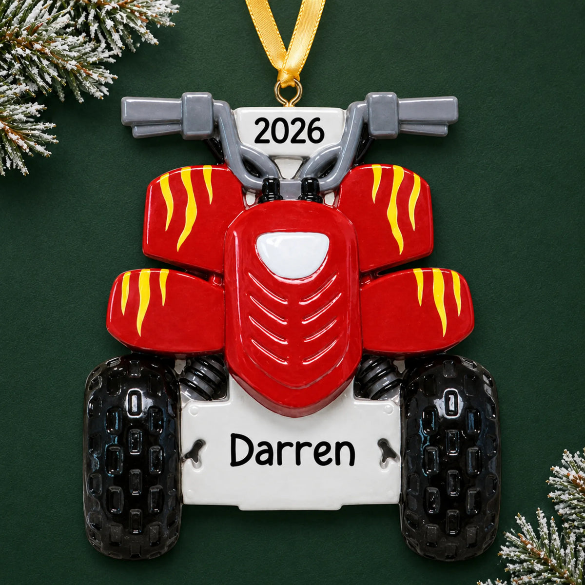 Personalized ATV quad christmas ornament on a dark green pine background
