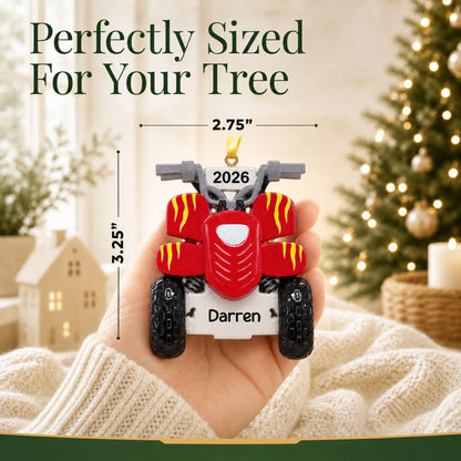 Size guide: the personalized ATV quad christmas ornament shown in hand next to a Christmas tree