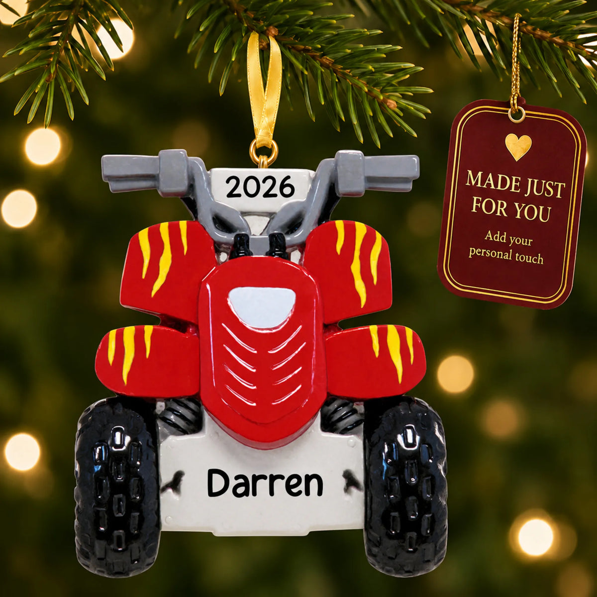 ATV quad christmas ornament hanging on a lit Christmas tree with a Made Just For You gift tag
