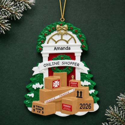 Personalized online shopper christmas ornament on a dark green pine background