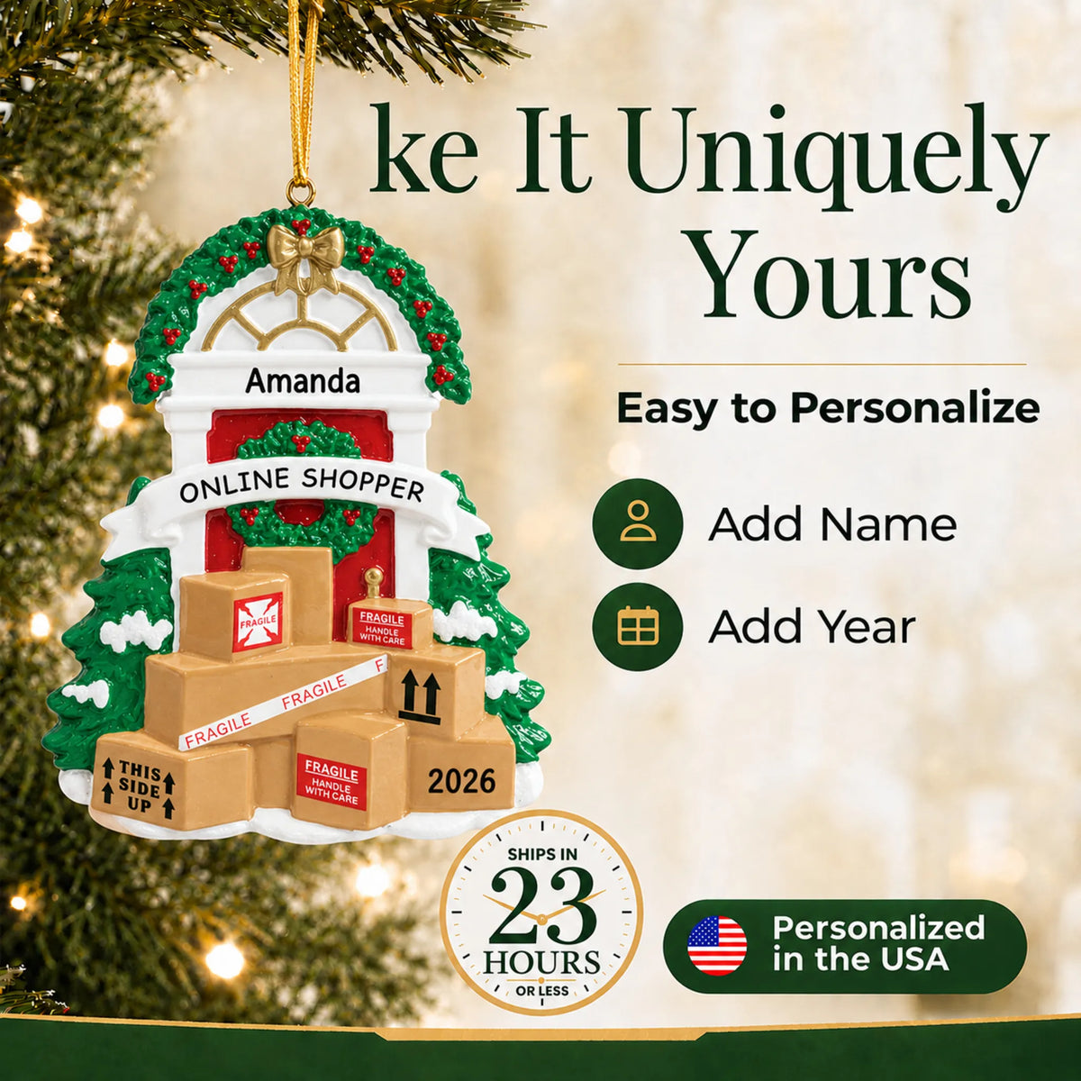 Make it yours: add name and year to the personalized online shopper christmas ornament