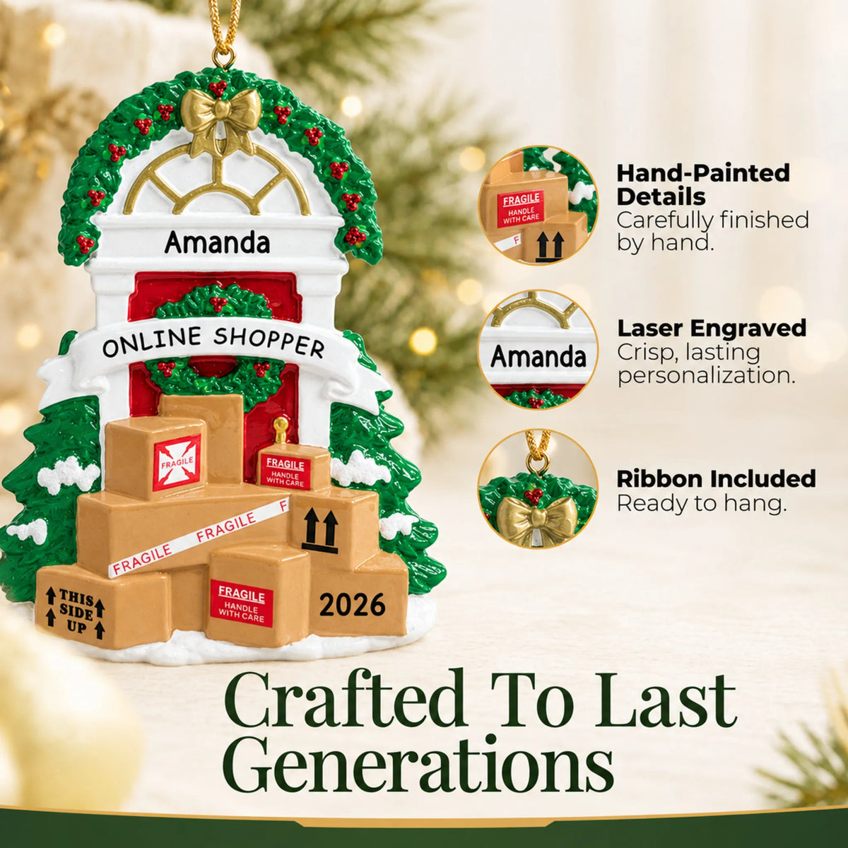 Hand-painted details and laser engraved personalization on the online shopper christmas ornament, ribbon included
