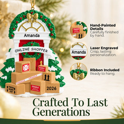 Hand-painted details and laser engraved personalization on the online shopper christmas ornament, ribbon included