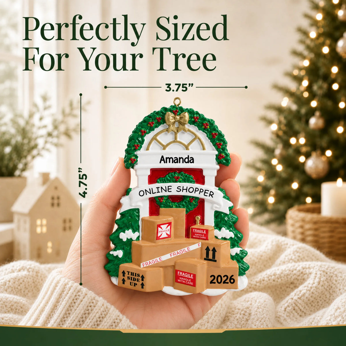 Size guide: the personalized online shopper christmas ornament is 3.75 in wide by 4.75 in tall, shown in hand