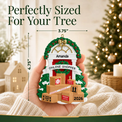 Size guide: the personalized online shopper christmas ornament is 3.75 in wide by 4.75 in tall, shown in hand