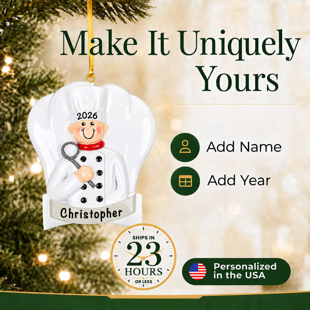 Make it yours: add name and year to the personalized chef cooking christmas ornament