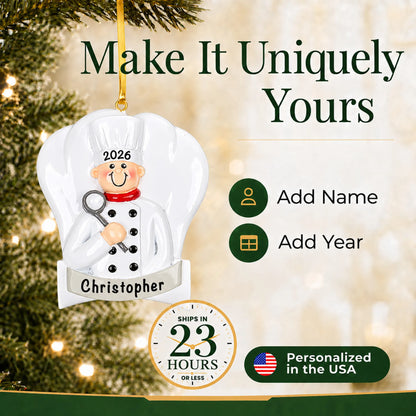 Make it yours: add name and year to the personalized chef cooking christmas ornament