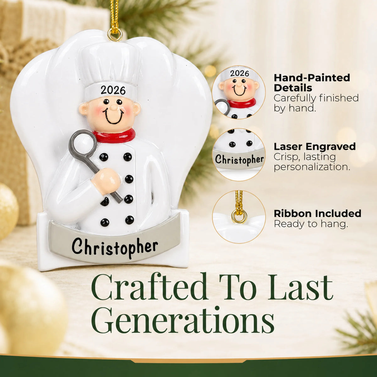 Hand-painted details and laser engraved personalization on the chef cooking christmas ornament, ribbon included