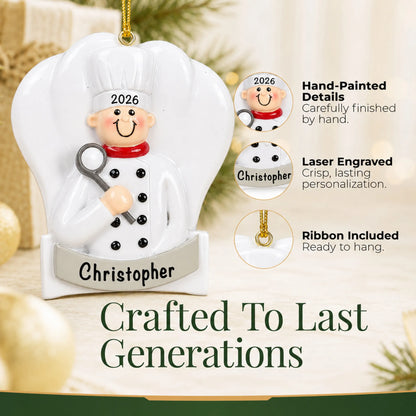 Hand-painted details and laser engraved personalization on the chef cooking christmas ornament, ribbon included