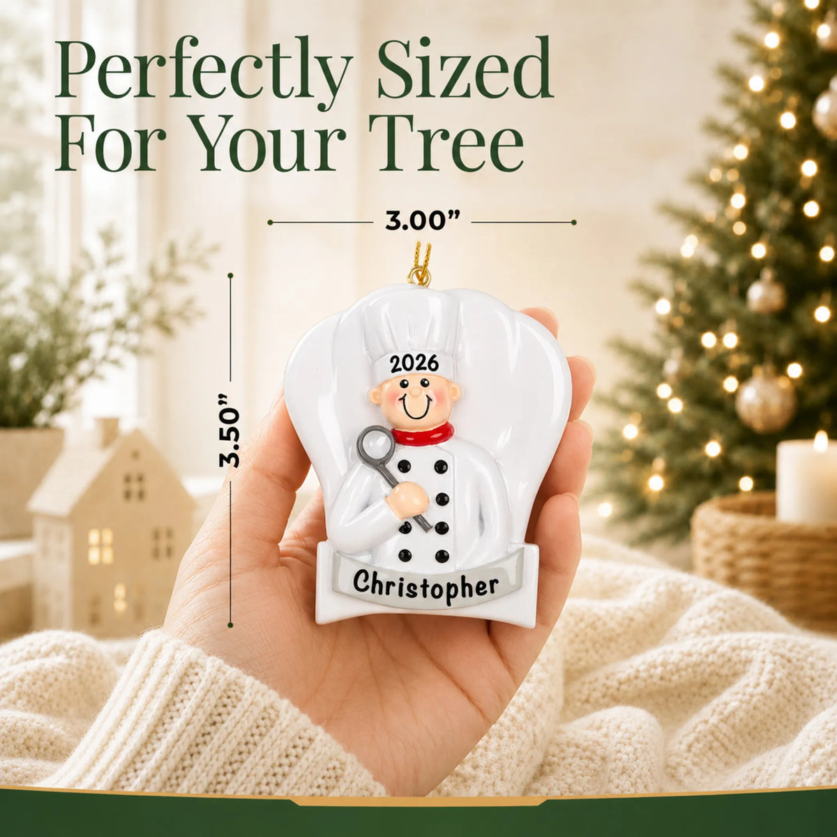 Size guide: the personalized chef cooking christmas ornament is 3.00 in wide by 3.50 in tall, shown in hand
